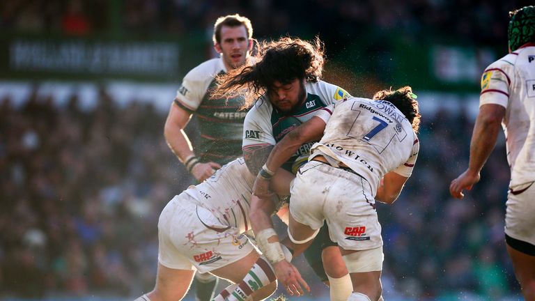 Logovi'i Mulipola of Leicester is tackled during the Aviva Premiership match between Leicester Tigers and London Irish at Welford Road