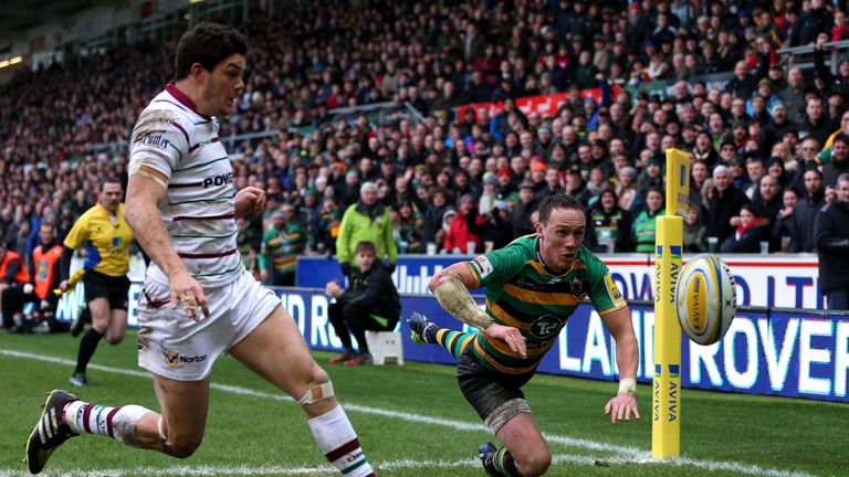 James Wilson of Northampton is beaten by the bounce of the ball during the Aviva Premiership match between Saints and London Irish