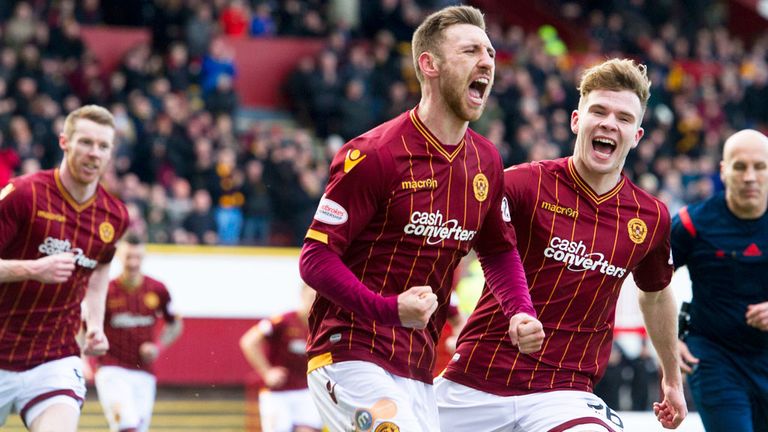 Motherwell celebrates as Louis Moult (c) scores his second goal against Partick