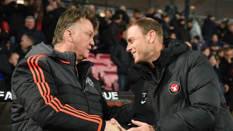 HERNING, DENMARK - FEBRUARY 18:  Louis van Gaal Manager of Manchester United and Jess Thorup manager of FC Midtjylland shake hands