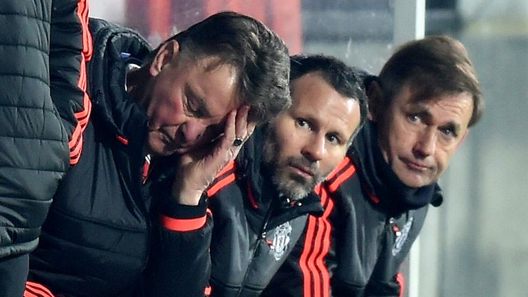  Louis van Gaal (L) Manager of Manchester United  during the UEFA Europa League round of 32 first leg match between FC Midtjylland