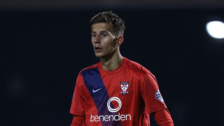 YORK, ENGLAND - FEBRUARY 23:  Lubo Satka of York City in action during the Sky Bet League Two match between York City and Northampton Town at Bootham Cresc