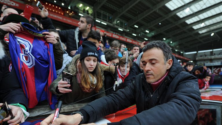 Luis Enrique signs autograph ahead of Sporting Gijon v Barcelona in La Liga