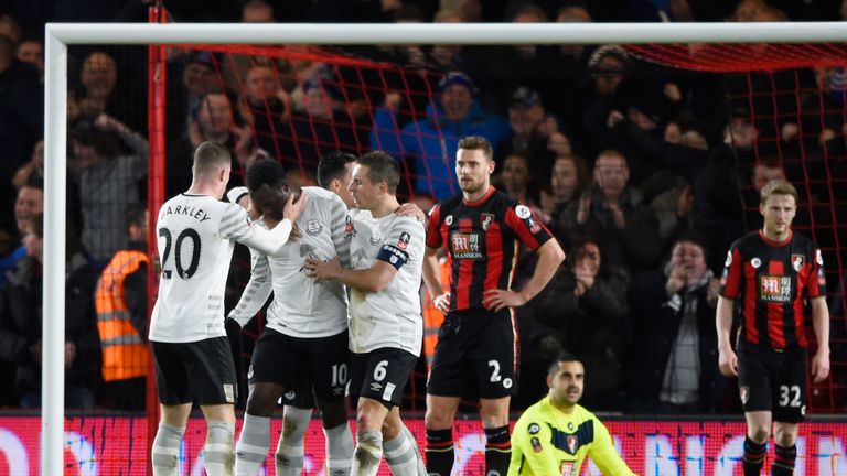 Romelu Lukaku (second left) of Everton celebrates scoring his team's second goal against Bournemouth at the Vitality Stadium