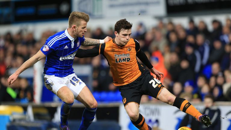Ipswich Town's Luke Hyam (left) and Hull City's Andrew Robertson battle for the ball during the Sky Bet Championship match at Portman Road, Ipswich.