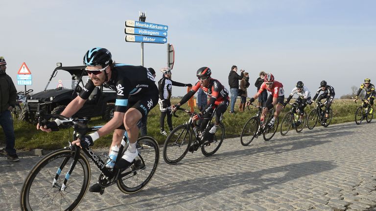 Welsh Luke Rowe of Team Sky, Belgian Greg Van Avermaet of BMC Racing 