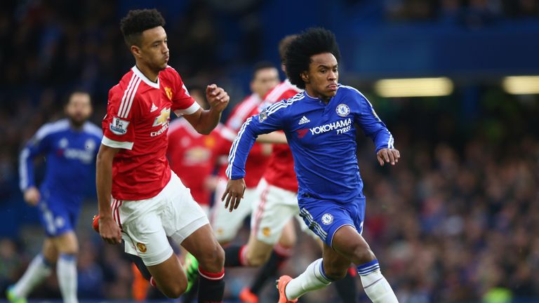 Cameron Borthwick-Jackson of Manchester United closes down Willian of Chelsea