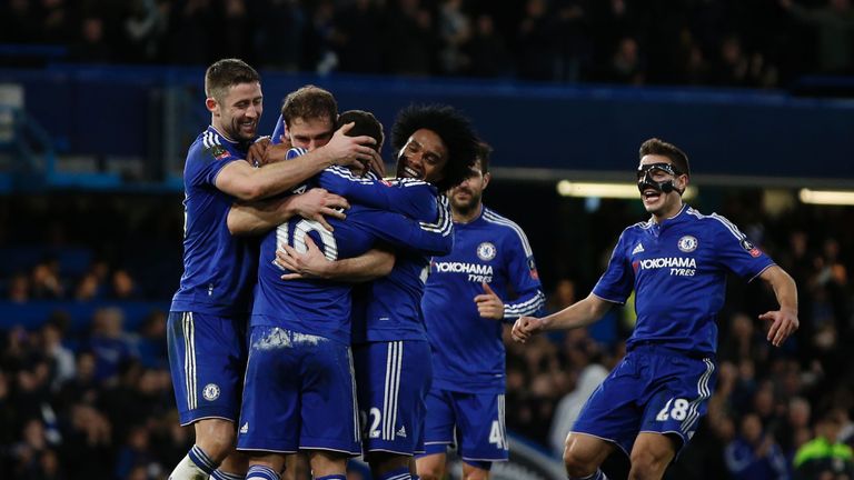 Eden Hazard is congratulated after scoring in the FA Cup against Manchester City