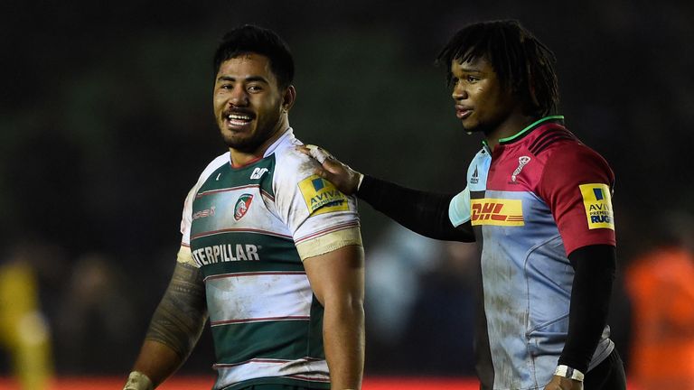 Manu Tuilagi is consoled by Marland Yarde at the final whistle of the Aviva Premiership match between Harlequins v Leicester
