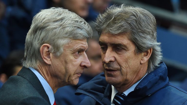 Manuel Pellegrini (r) and Arsene Wenger meet at the Etihad Stadium in 2015