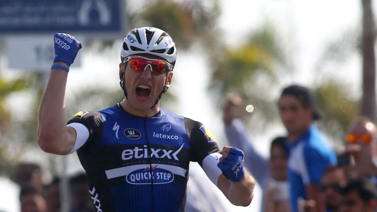 Marcel Kittel of Etixx - Quick-Step team celebrates after winning the first stage of Dubai Tour 2016 