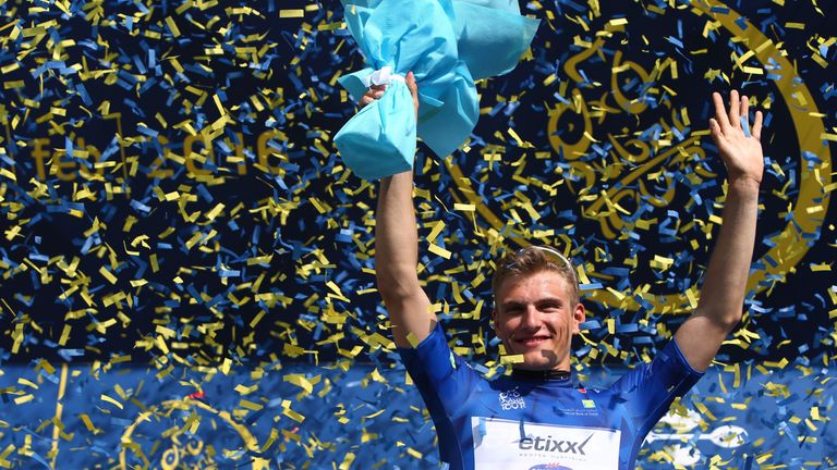 Marcel Kittel of Etixx-Quick-Step team salutes on podium after winning the first stage of Dubai Tour 2016 