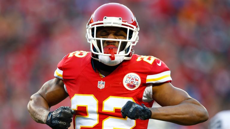 Marcus Peters #22 of the Kansas City Chiefs celebrates after defending against a pass at Arrowhead Stadium during the second 