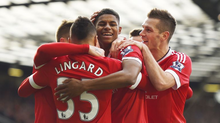 Marcus Rashford is congratulated after scoring