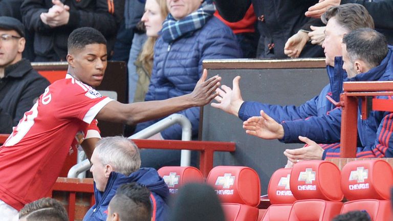Marcus Rashford shaking hands with Manchester United boss Louis van Gaal