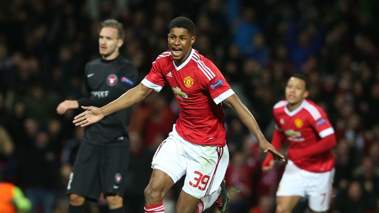 Marcus Rashford of Manchester United celebrates scoring their second goal 