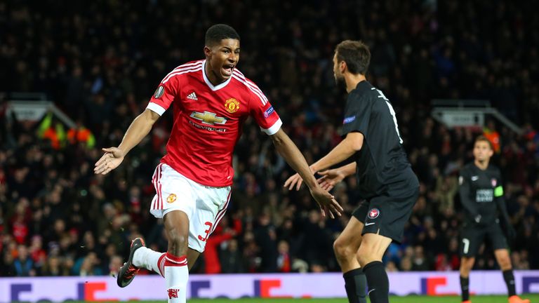 Marcus Rashford of Manchester United celebrates scoring his team's second goal 