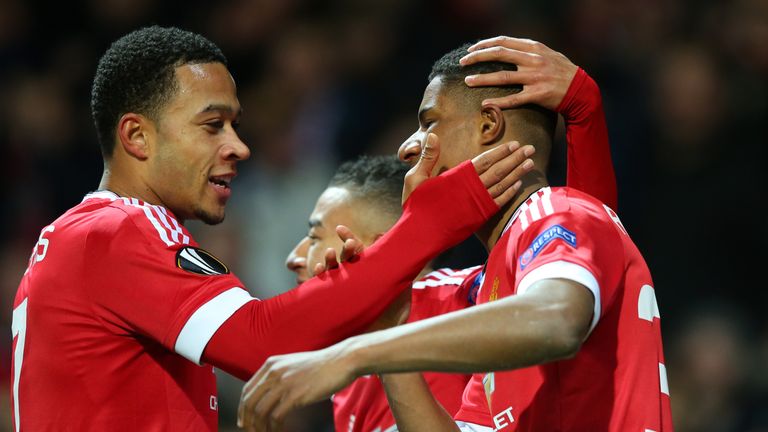 Marcus Rashford (R) of Manchester United celebrates scoring his team's second goal with Memphis Depay (L)