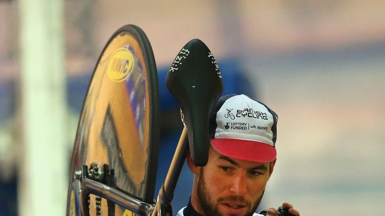 Mark Cavendish of the Great Britain Cycling Team finishes training at the Manchester Velodrome 