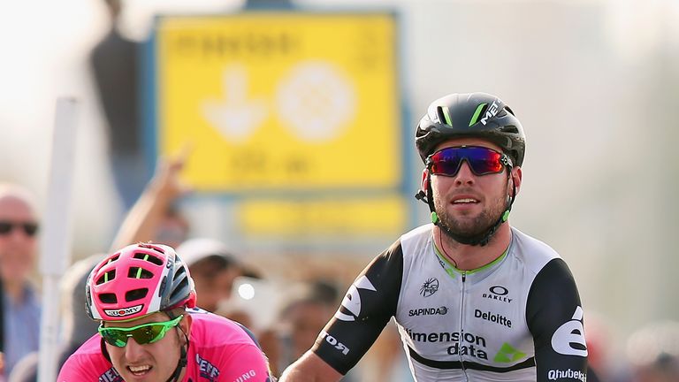 Mark Cavendish of Great Britain and Dimension Data crosses the line to win stage one of the 2016 Tour of Qatar