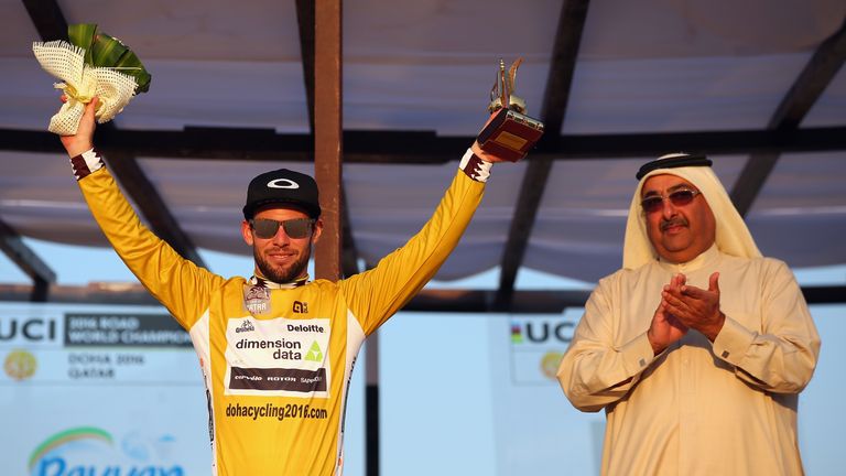 Mark Cavendish celebrates winning the 2016 Tour of Qatar