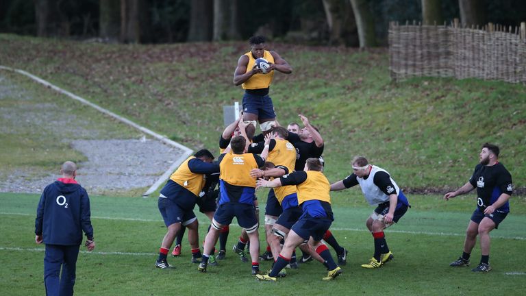 Maro Itoje wins the lineout ball during an England training session