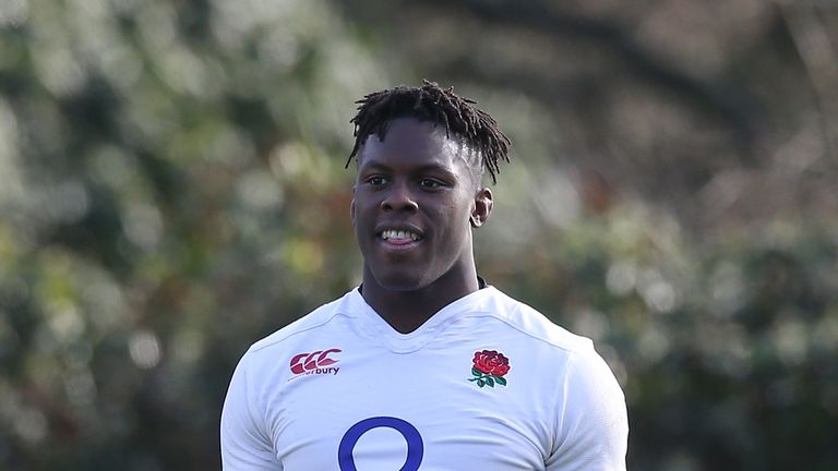 Maro Itoje looks on during the England training session held at Pennyhill Park in Bagshot