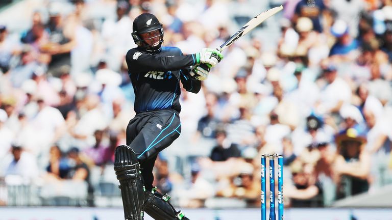 AUCKLAND, NEW ZEALAND - FEBRUARY 03:  Martin Guptill of the Black Caps plays the ball away for six runs during the One Day International with Australia