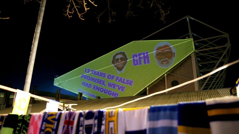Projections, in protest of Leeds United owner Massimo Cellino, are seen prior to the Sky Bet Championship match against Middlesbrough at Elland Road, Leeds