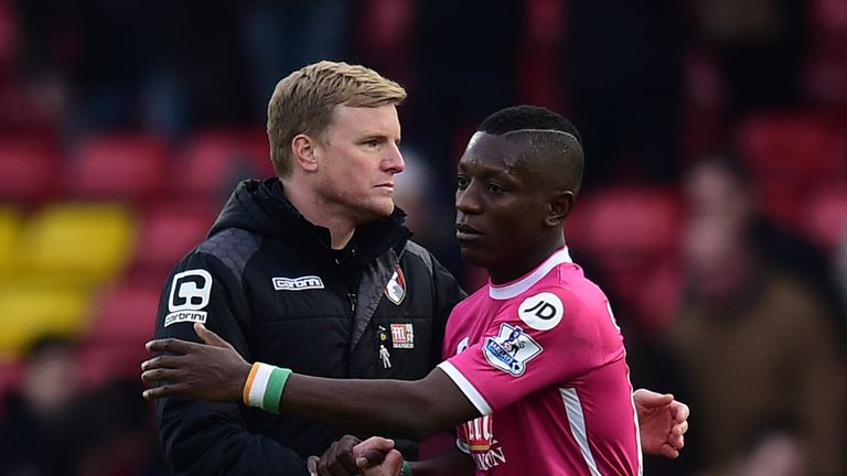 Eddie Howe, manager of Bournemouth (left), embraces Max Gradel after the Premier League match with Watford