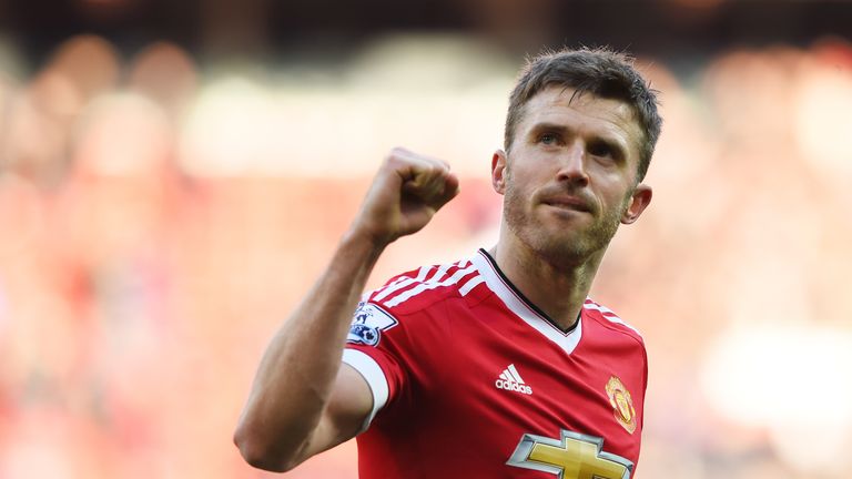 MANCHESTER, ENGLAND - FEBRUARY 28:  Michael Carrick of Manchester United celebrates after the Barclays Premier League match between Manchester United and A