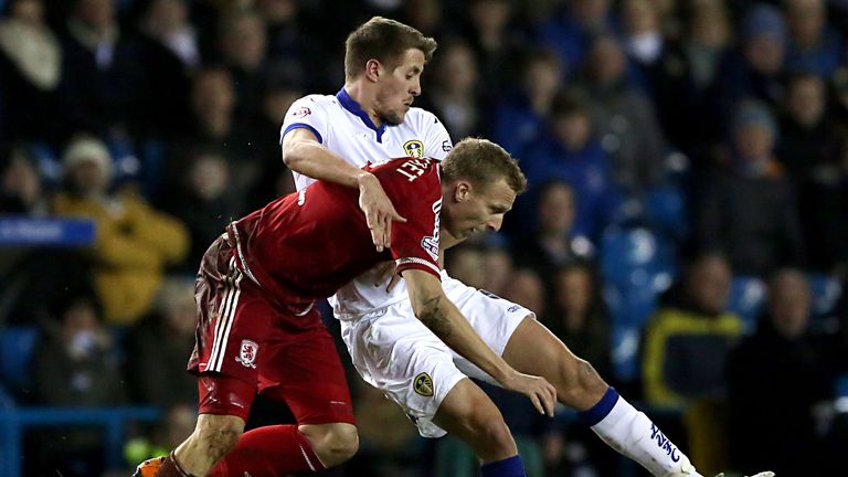 Middlesbrough's Ritchie De Laet and Leeds United's Scott Wootton battle for the ball