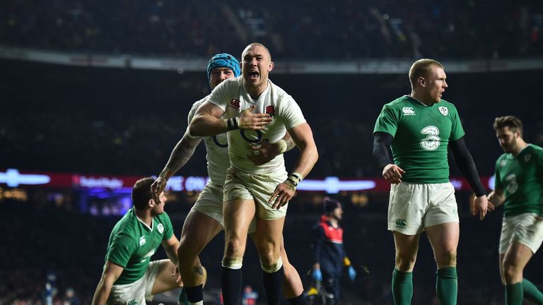 Brown celebrates after scoring a vital try at Twickenham on Saturday