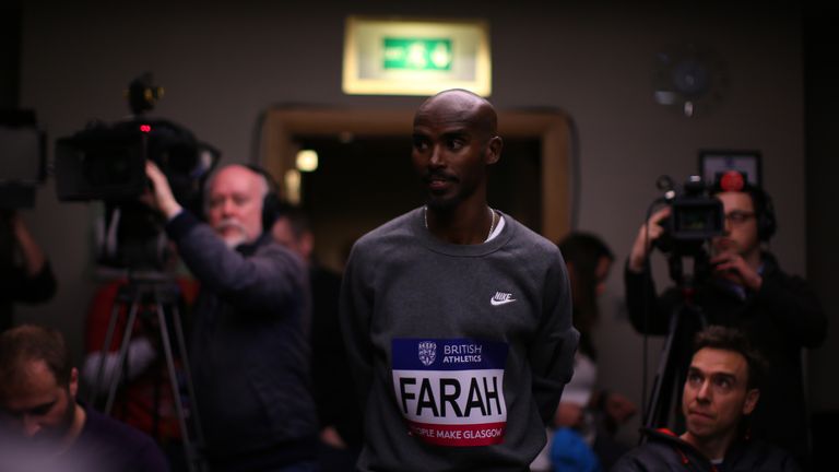 Mo Farah attends a press conference in the Crown Plazza Hotel, prior to the Glasgow Indoor Grand Prix on February 19, 2016