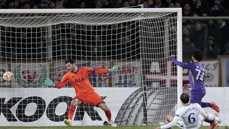 Mohamed Salah of ACF Fiorentina scores a goal during the UEFA Europa League Round of 32 match against Tottenham