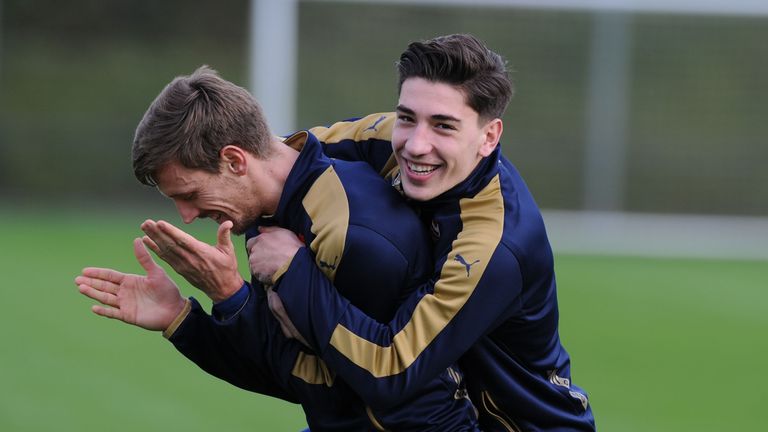 Nacho Monreal (L) and Hector Bellerin during an Arsenal training session