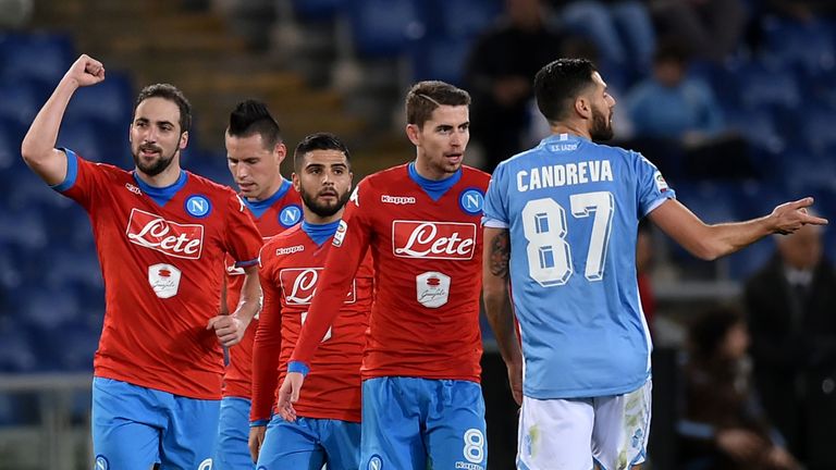 Napoli's forward from Argentina Gonzalo Higuain (L) celebrates after scoring during the Italian Serie A football match Lazio vs Napoli on February 3