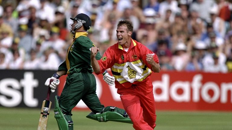 29 May 1999:  Neil Johnson of Zimbabwe celebrates a wicket during the World Cup Group A game against South Africa at Chelmsford in England. Zimbabwe won by