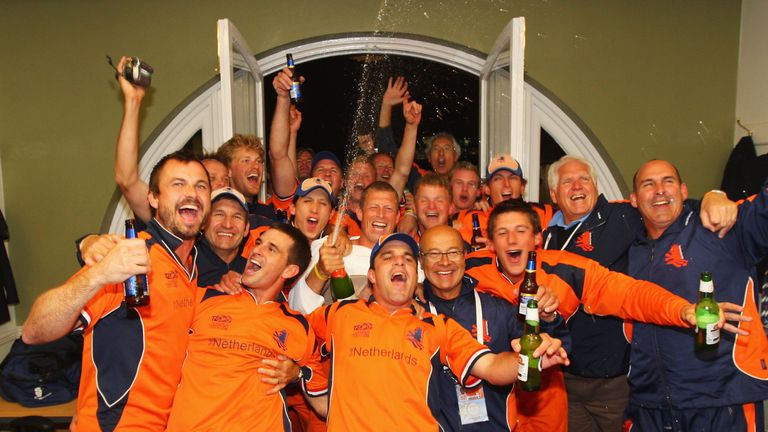 LONDON - JUNE 05:  The Dutch team celebrate in the changing room after the ICC World Twenty20 Group B match between England and the Netherlands at Lord's o