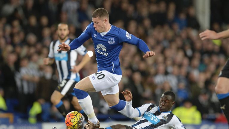 Newcastle United's Henri Saivet tackles Everton's Ross Barkley during the English Premier League football match at Goodison Park in February 2016
