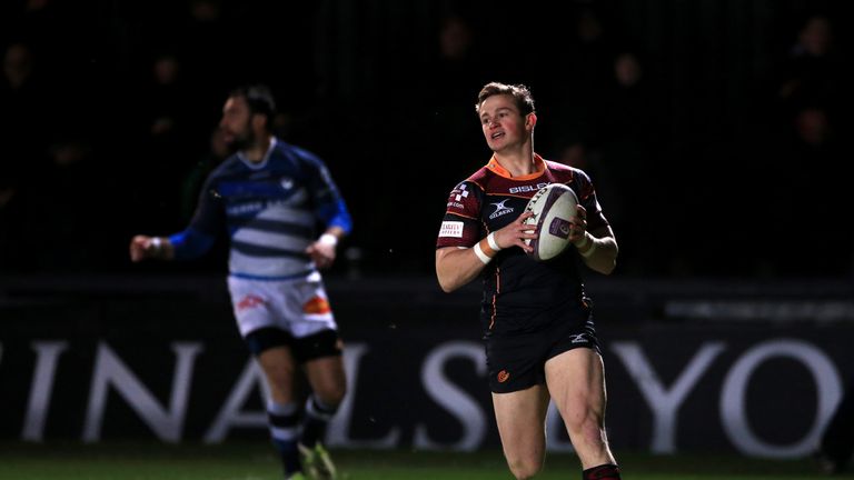 Newport Gwent Dragons Hallam Amos runs through the defence of Castres Olympique to score a try during the European Challenge Cup, pool two match at Rodney 