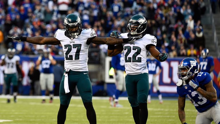 Malcolm Jenkins #27 of the Philadelphia Eagles celebrates after breaking up a pass intended for Odell Beckham #13 of the New York Giants