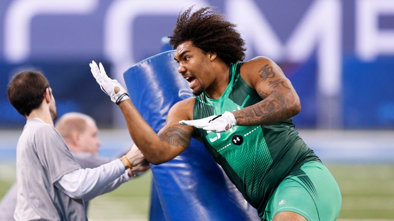 Defensive lineman Leonard Williams of USC competes during the 2015 NFL Scouting Combine at Lucas Oil Stadium on February 22