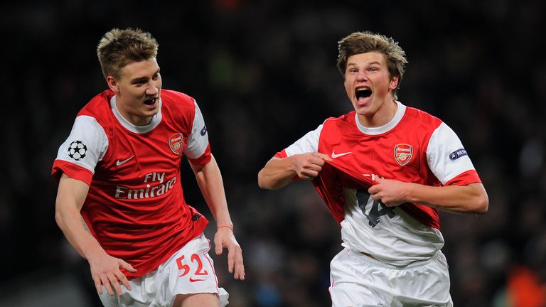 Nicklas Bendtner and Andrey Arshavin celebrate the latter's goal in the Champions League round of 16 first-leg tie between Arsenal and Barcelona in 2011