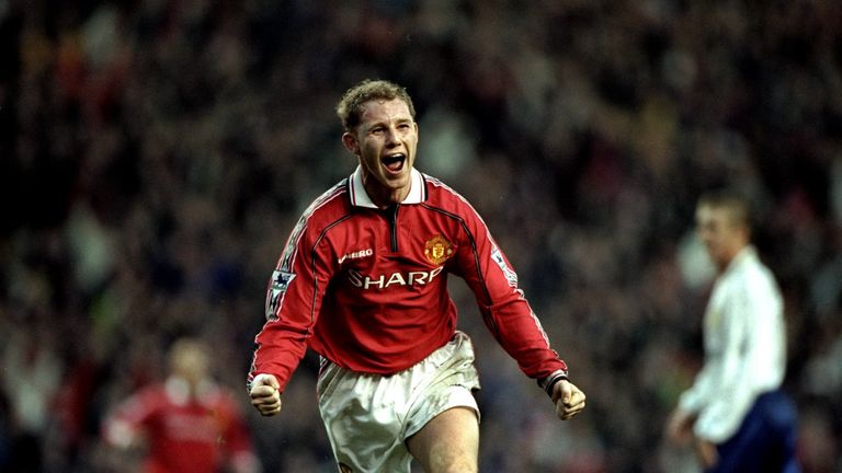 Nicky Butt celebrates the winner against Leeds United at Old Trafford in 1998