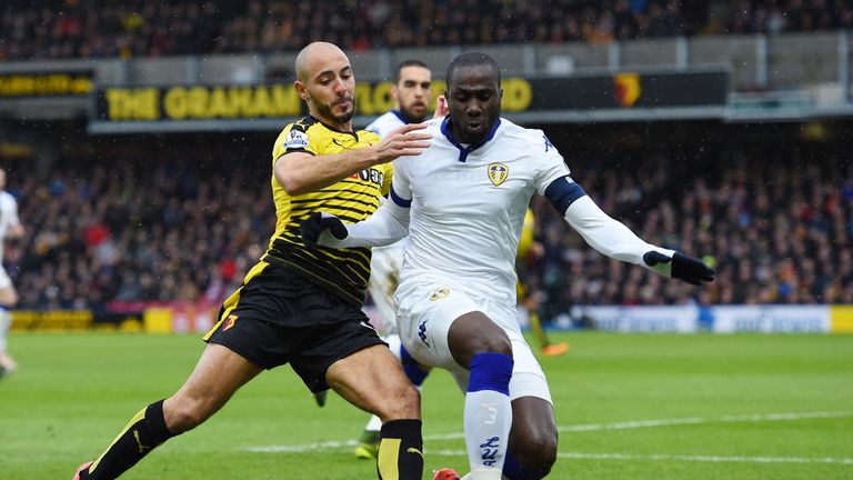 Nordin Amrabat of Watford and Sol Bamba of Leeds United compete for the ball during the FA Cup fifth round match 