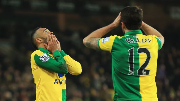 NORWICH, ENGLAND - FEBRUARY 13:  Hathan Redmond (L) and Robbie Brady (R) of Norwich City  react after their 2-2 draw in the Barclays Premier League match b