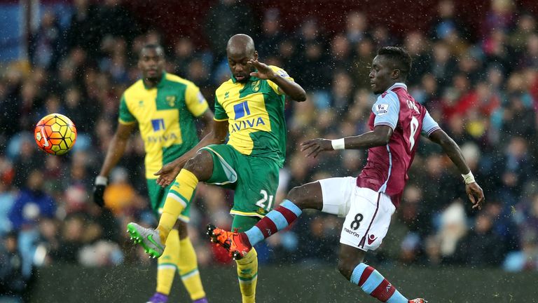 Youssouf Mulumbu of Norwich City and Idrissa Gueye of Aston Villa compete for the ball 