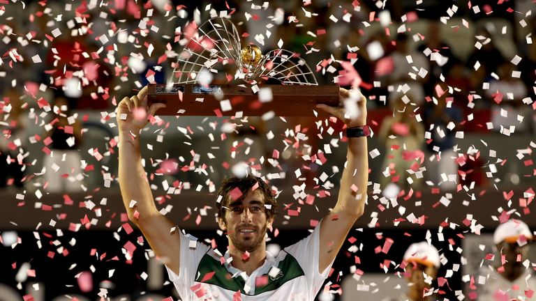 Pablo Cuevas celebrates his win over Guido Pella of Argentina during the final of the Rio Open at Jockey 