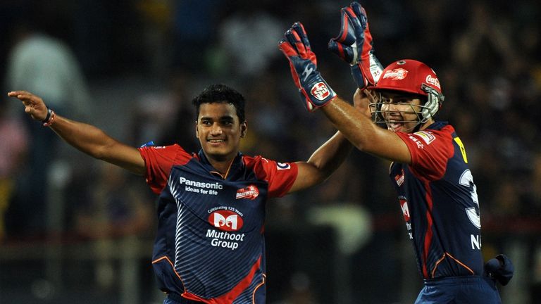 Pawan Negi (left) celebrates with Delhi Daredevils team-mate Naman Ojha